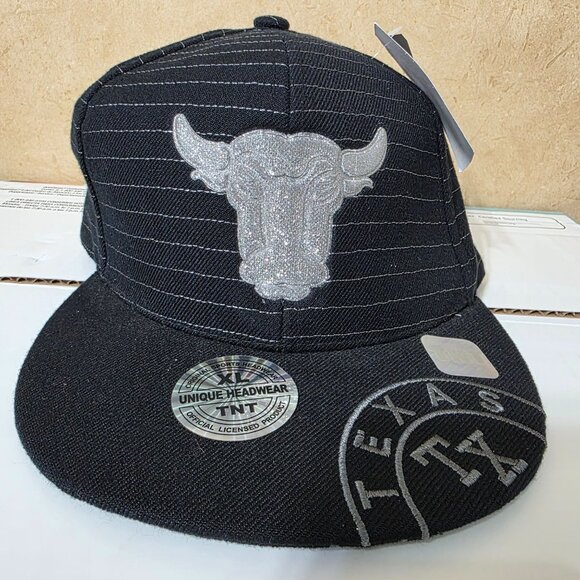 TNT Sports Texas Bull Pinstripe Fitted Hat XL Black Flat Brim NWT - Picture 5 of 9